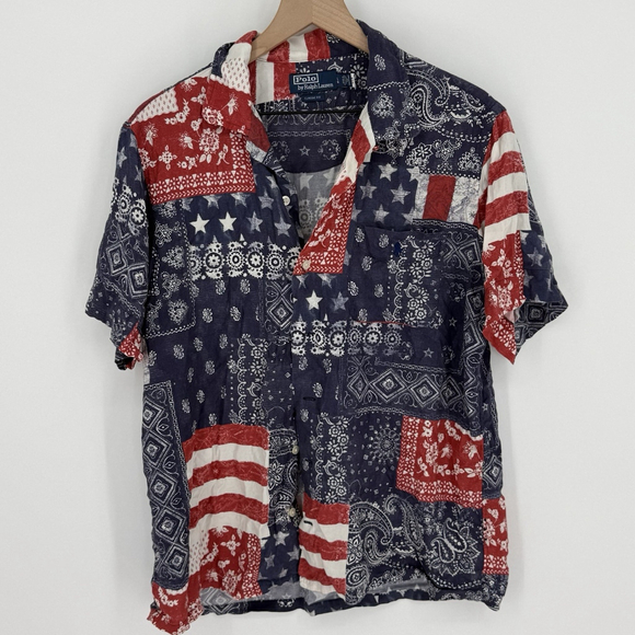 Polo Ralph Lauren Other - Polo Ralph Lauren Classic Fit American Flag Patchwork Viscose Camp Shirt Large
